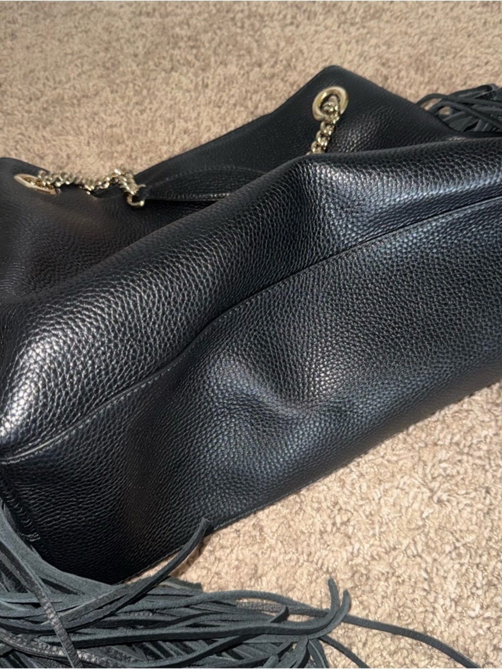 Gucci Black Pebbled Leather Fringe Shoulder Bag with Chain Straps -Vintage Boho - Picture 5 of 6